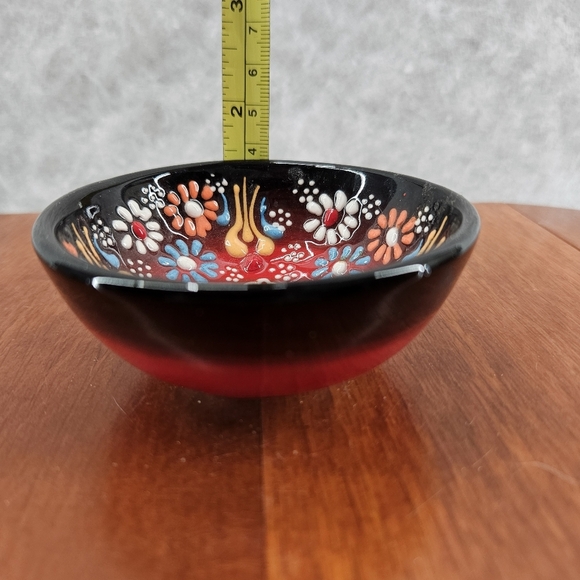 Handmade Ceramic‎ Folk Art Decorative Dipping or Trinkit Bowl Red Black Floral - Picture 5 of 5